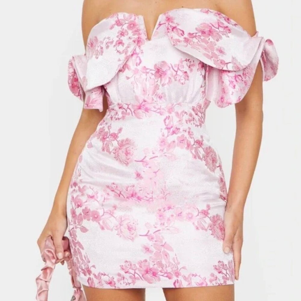 PrettyLittleThing Pink V Bar Jacquard Bodycon Dress Size 10